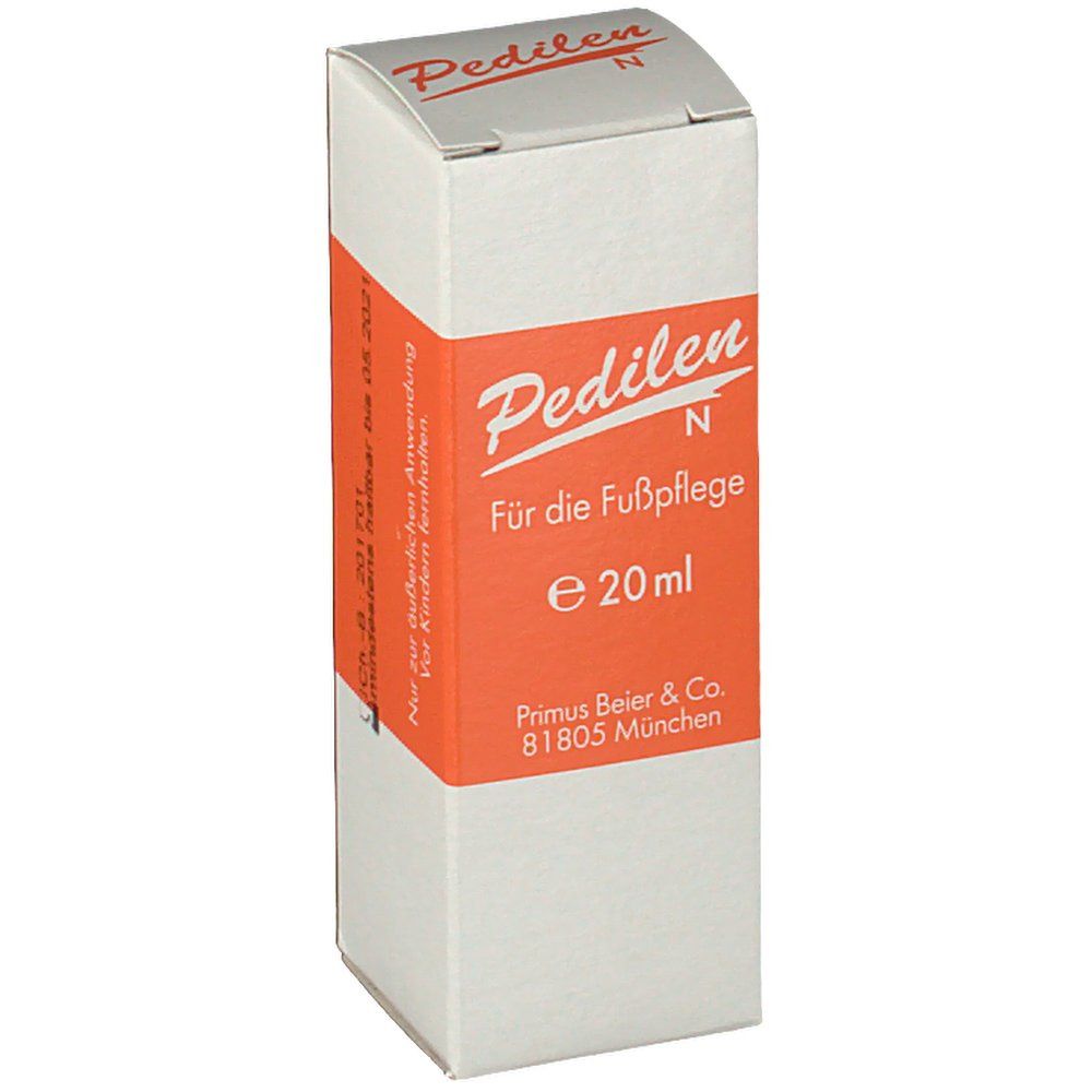 Boîte blanche avec bande orange. Inscription: Pedilen N, Für die Fußpflege, e 20 ml. Primus Beier & Co.