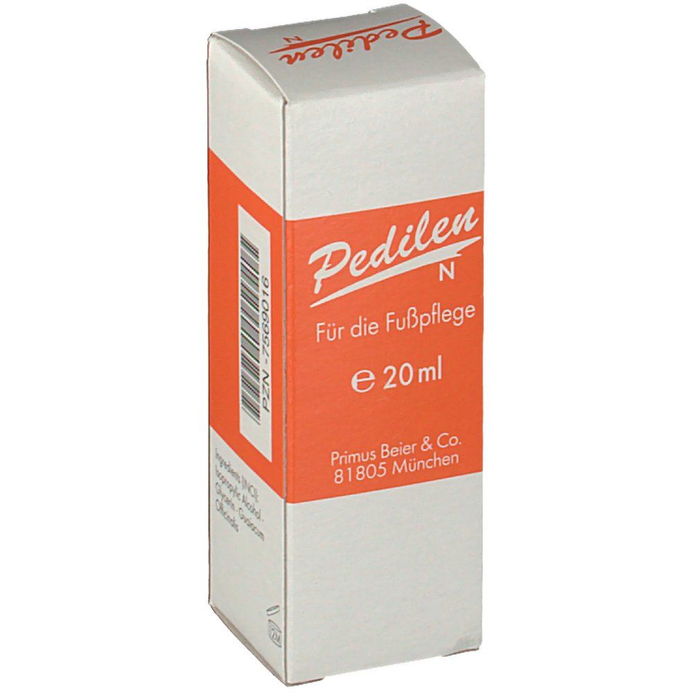 Boîte blanche avec bande orange. Inscription: Pedilen N, Für die Fußpflege, e 20 ml. Primus Beier & Co. PZN-7569016.