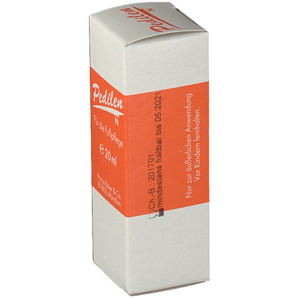 Boîte blanche avec bande orange. Inscription: Pedilen N, Für die Fußpflege, e 20 ml. Valable jusqu'au 05.2021.