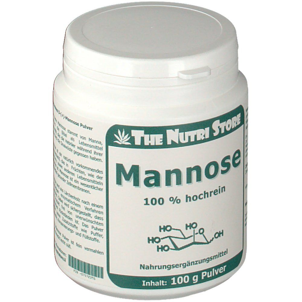 Weiße Dose mit grünem Etikett. Aufschrift: Mannose 100 % hochrein. Logo: The Nutri Store. Inhalt: 100 g Pulver. Chemische Formel. Deckel mit Verschluss.