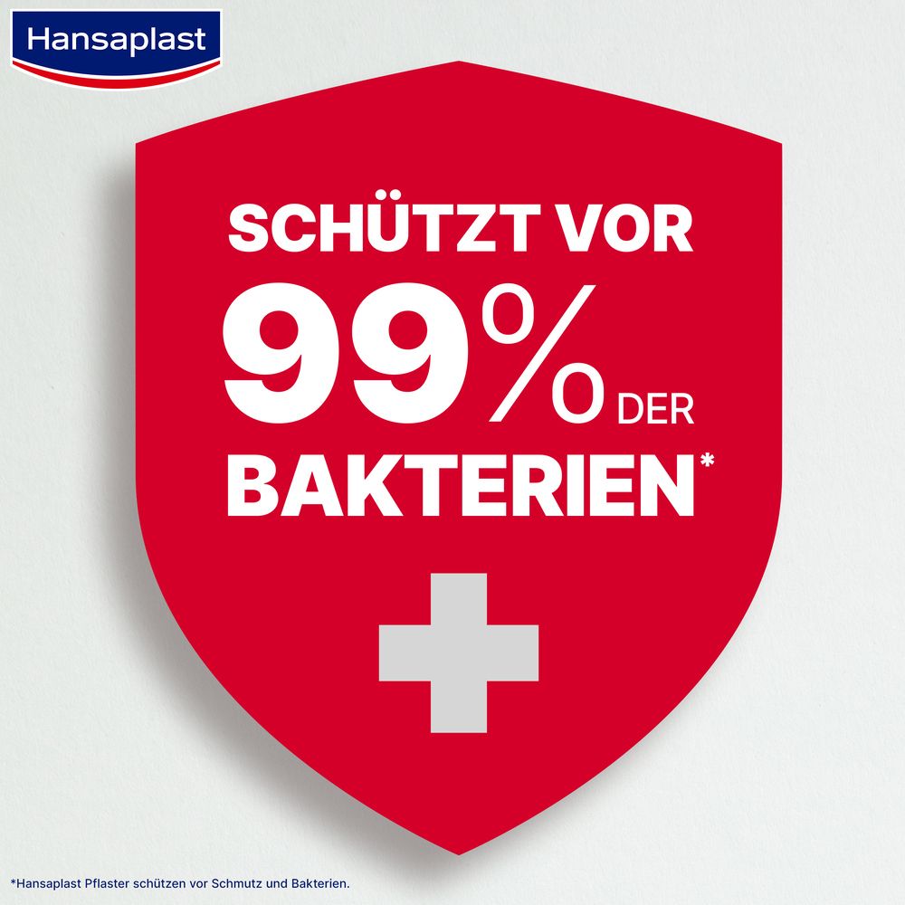 Écusson rouge avec croix blanche. Texte : Protège de 99% des bactéries.