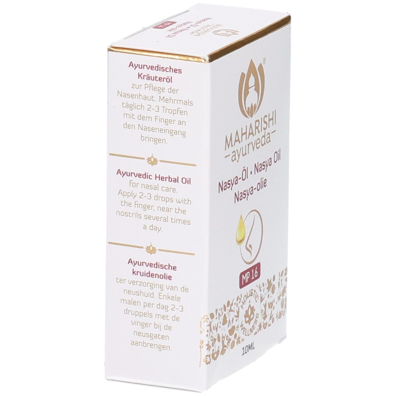Emballage produit blanc avec accents dorés. Texte en allemand, anglais et néerlandais. Inscription: Nasya-Öl, MP 16.