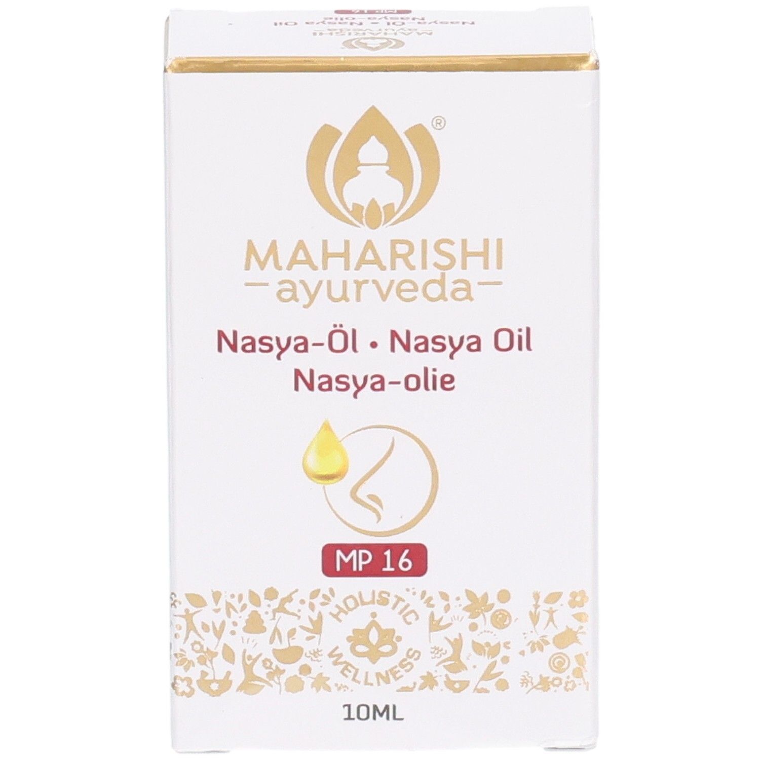 Boîte blanche avec logo doré et texte. Inscription: Nasya-Öl, 10ml. Avec MP 16 et un symbole de nez.