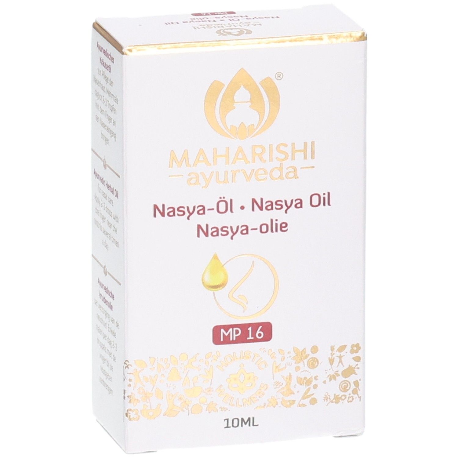 Emballage produit blanc avec accents dorés. Inscription: Nasya-Öl, MP 16, 10ml. Vue en biais.