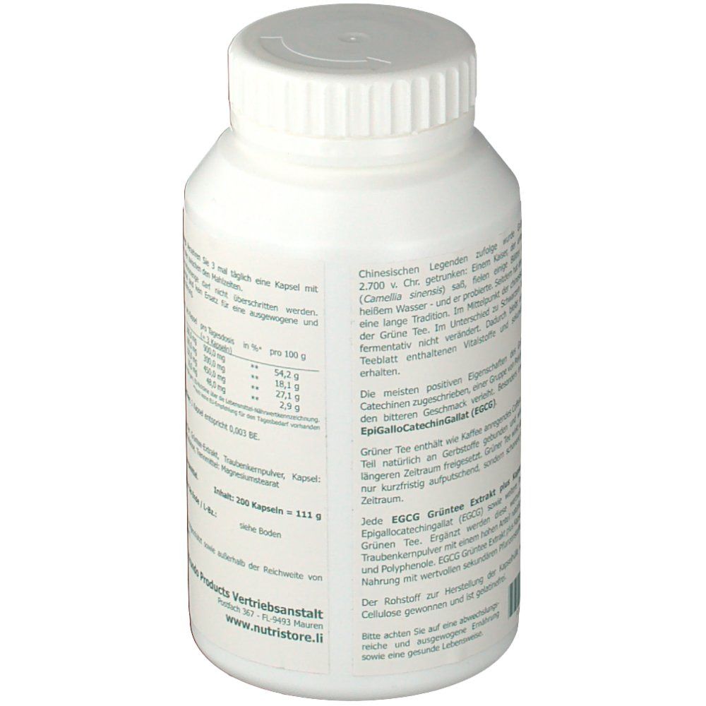 Dos du flacon avec texte. EGCG Extrait de thé vert plus. Informations sur le produit.