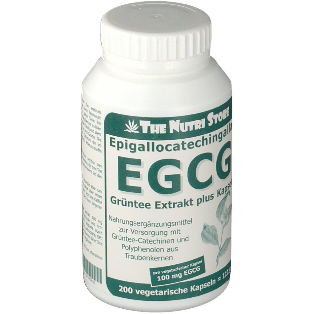 Flacon blanc avec capsules. Inscription: EGCG Extrait de thé vert plus. 200 capsules.