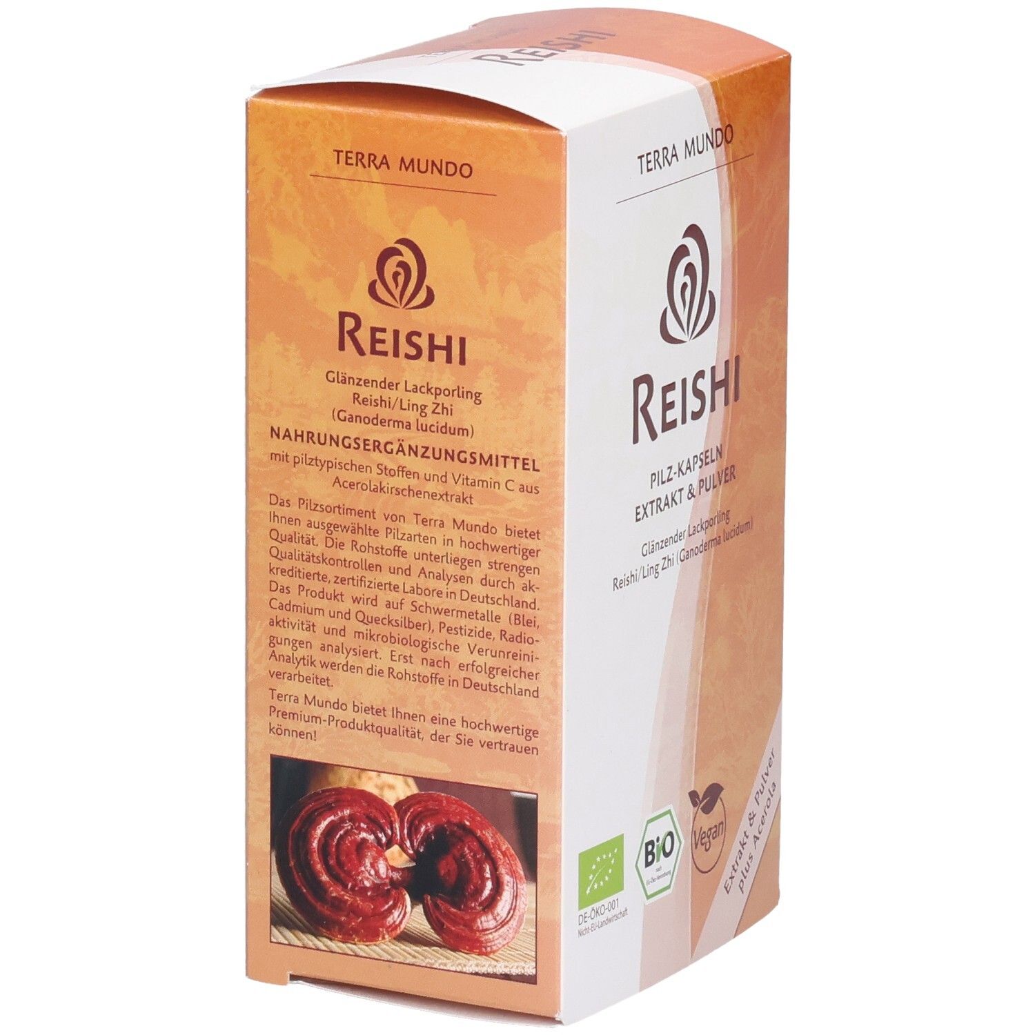 Complément alimentaire Reishi en boîte marron. Texte: Reishi, Glänzender Lackporling, Terra Mundo. Labels bio.