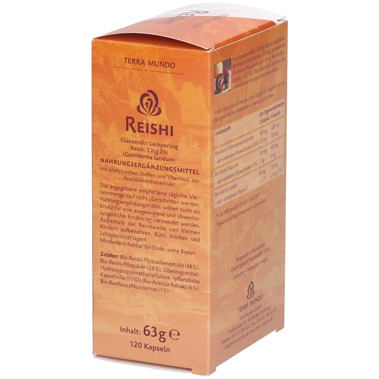 Boîte Reishi marron. Texte: Reishi, Glänzender Lackporling, 120 gélules, 63g. Labels bio. Liste des ingrédients.