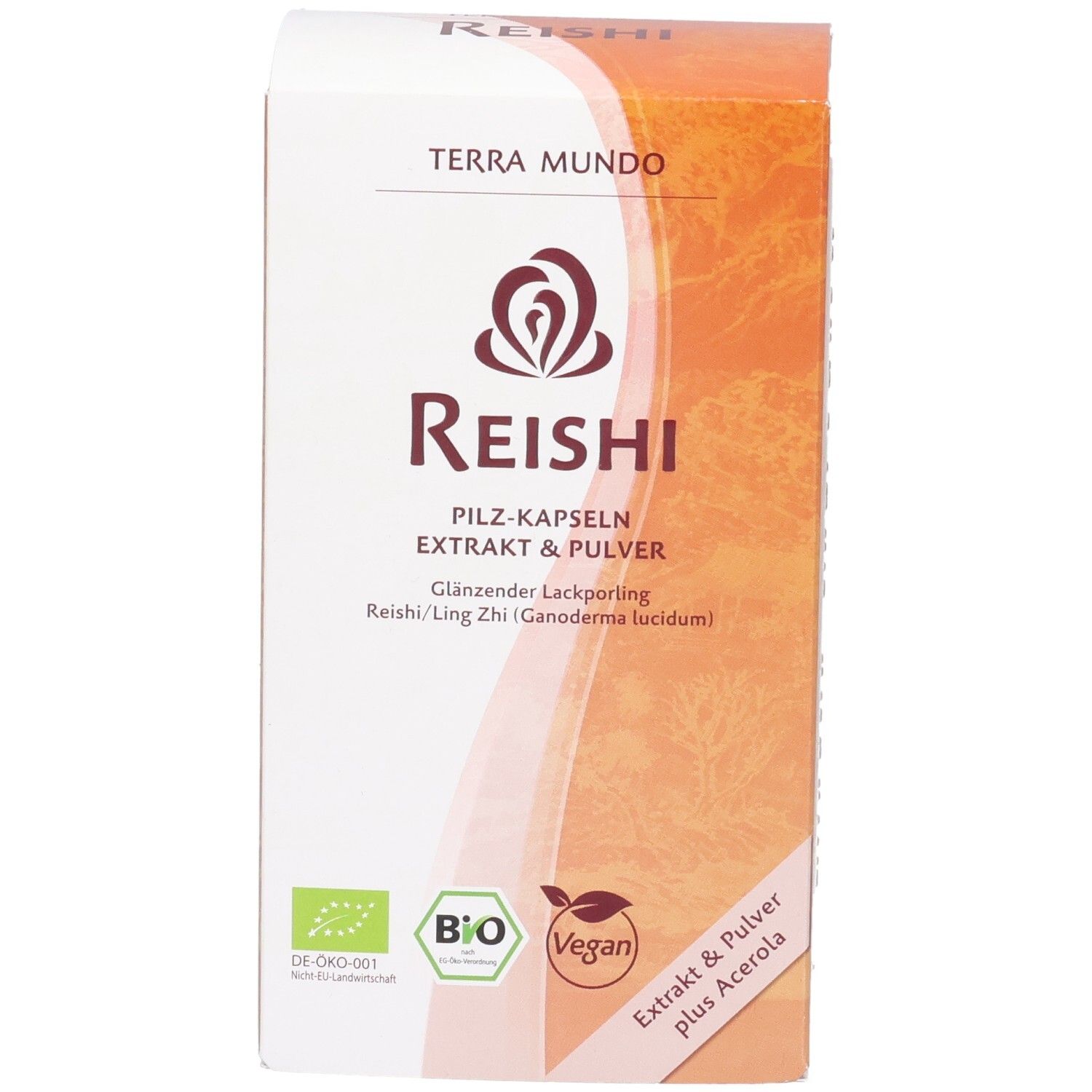 Boîte Reishi, blanche et marron. Texte: Reishi, Gélules de champignons Extrait & Poudre. Labels bio, vegan.