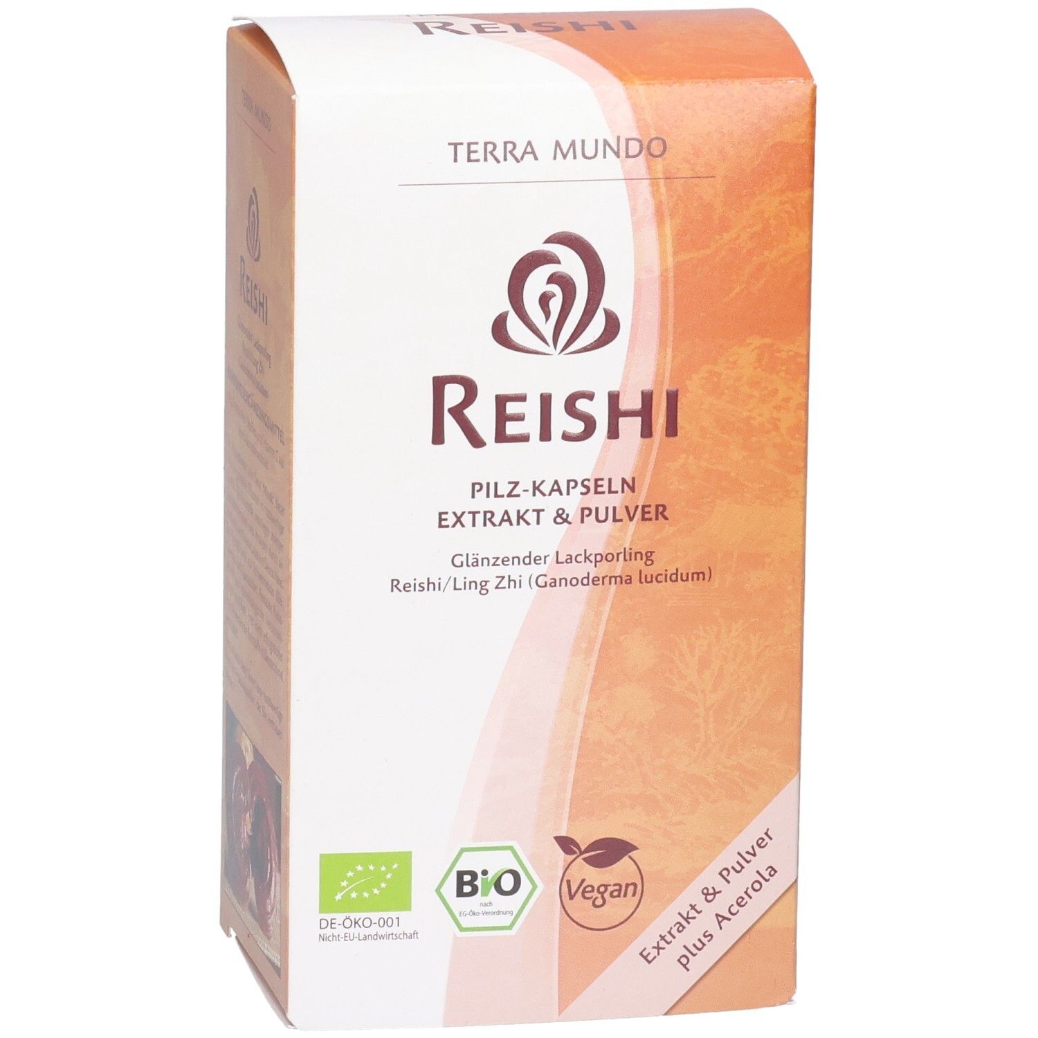 Boîte Reishi marron. Texte: Reishi, Gélules de champignons Extrait & Poudre. Labels bio, vegan.