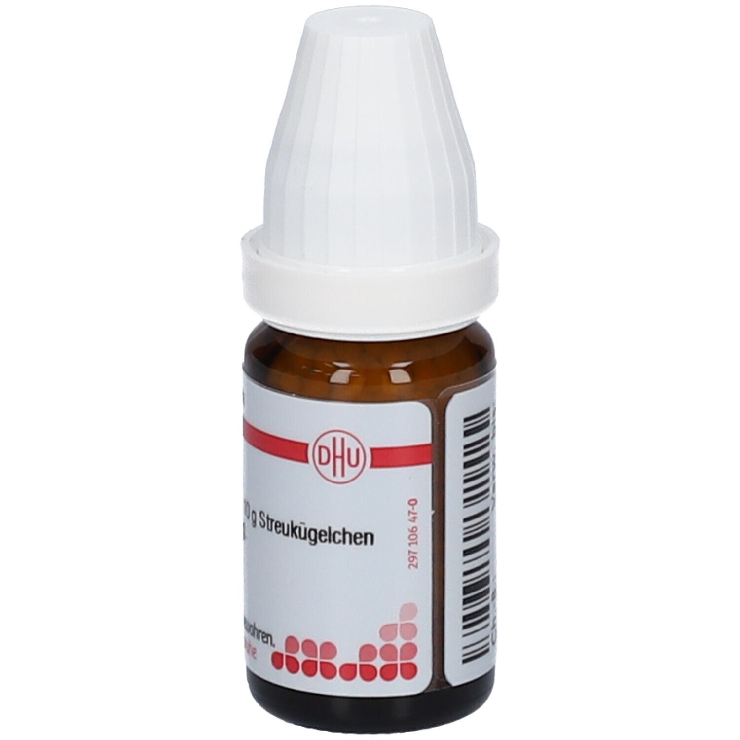 Braune Glasflasche mit weißem Deckel. Etikett mit DHU-Logo und Text: Tubocurare D 30, 10 g Streukügelchen. Homöopathisches Arzneimittel.
