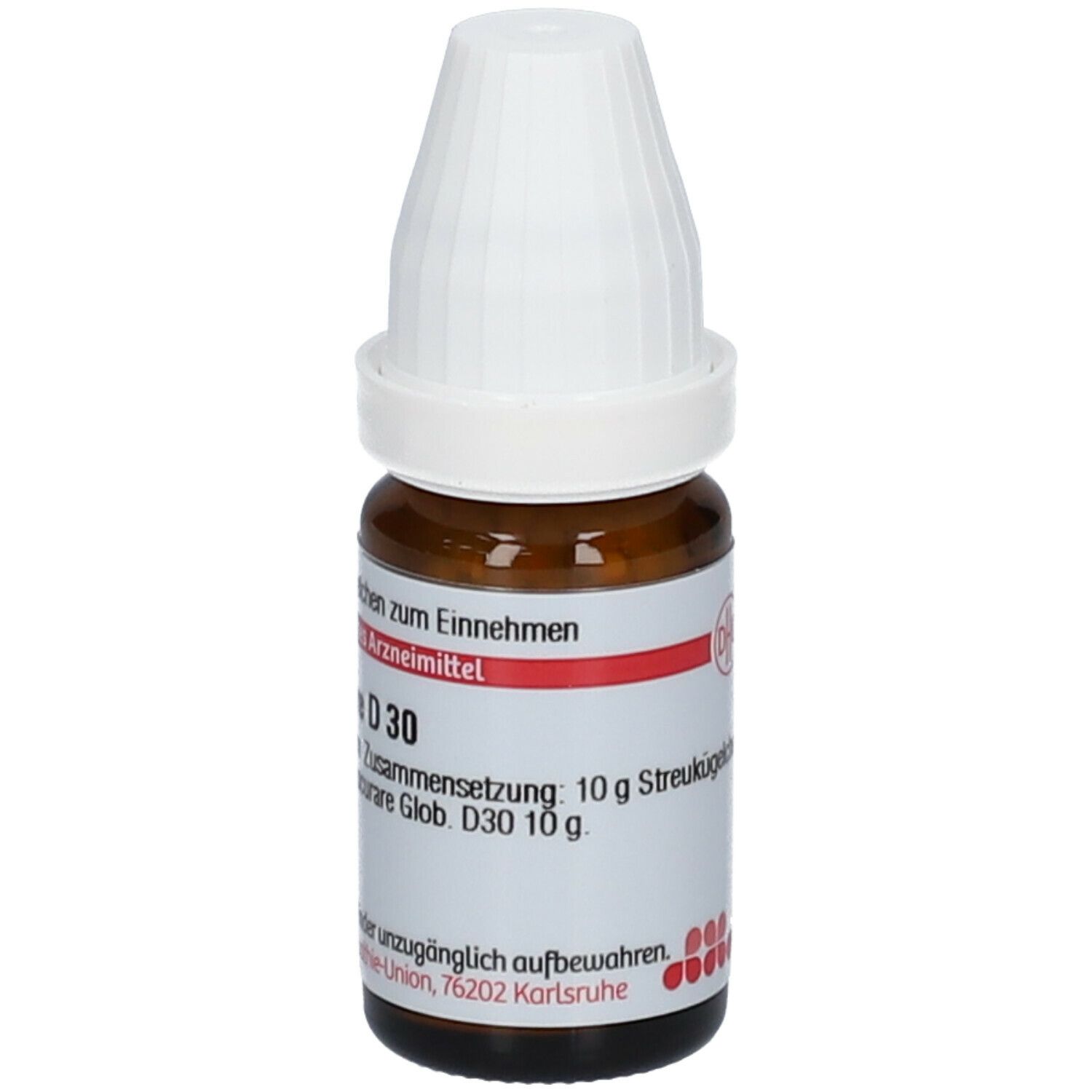 Braune Glasflasche mit weißem Deckel. Etikett mit Text: Tubocurare D 30, 10 g Streukügelchen. Homöopathisches Arzneimittel.