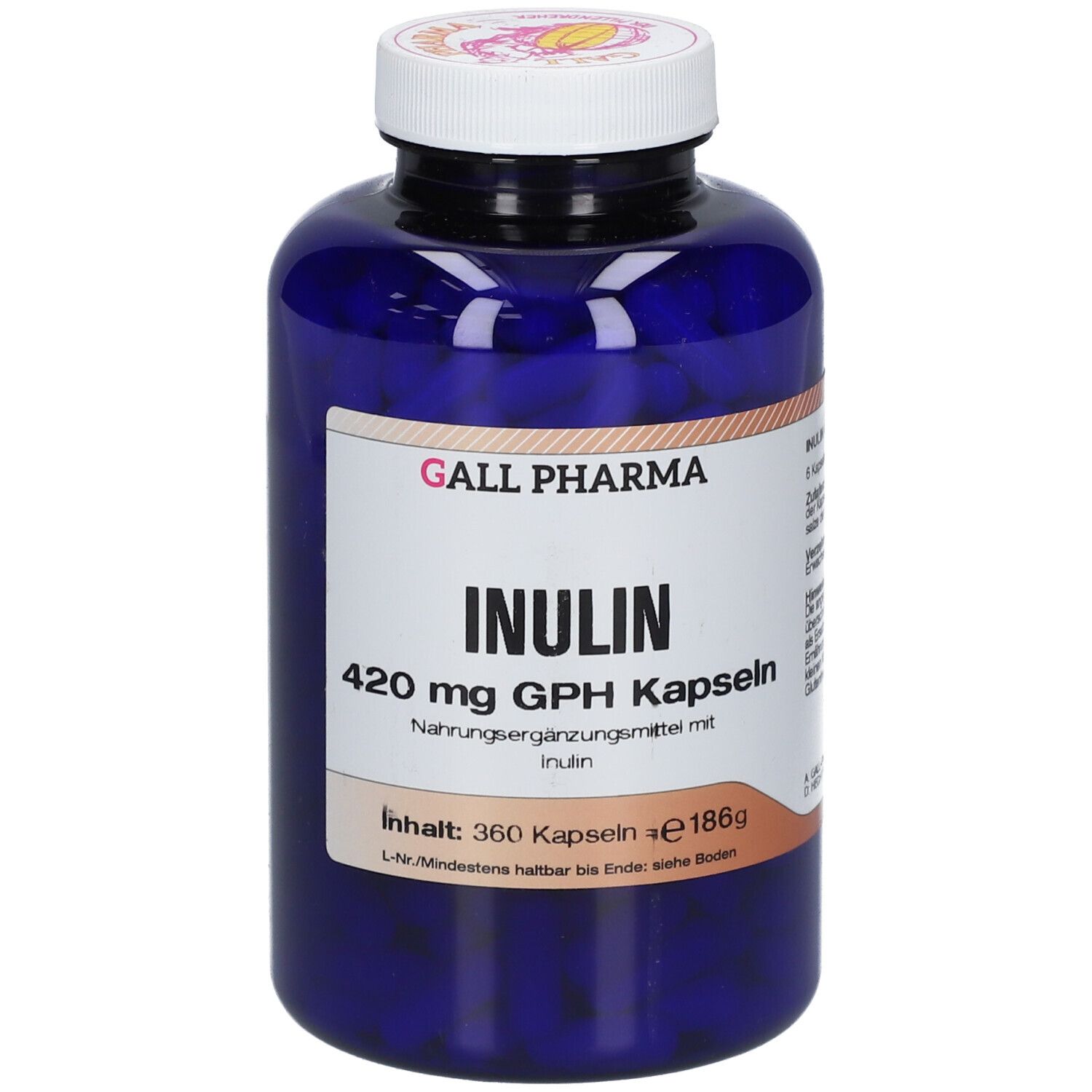 Flacon bleu avec bouchon blanc. Inscription: GALL PHARMA INULIN 420 mg GPH Kapseln. Contenu: 360 gélules.