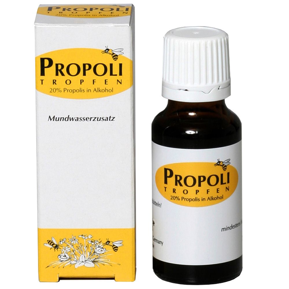 Propolis Tropfen 20% in Alkohol, Mundwasserzusatz in Braunglasflasche mit weißem Verschluss und Faltschachtel.