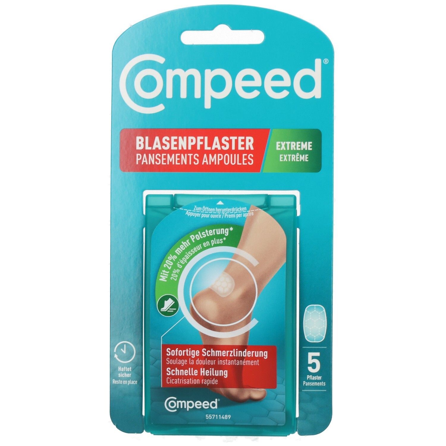 Compeed Blasenpflaster Extreme Medium Packung mit 5 Stück. Zeigt eine Fußblase mit Schmerzlinderung.