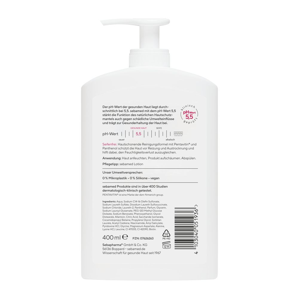 Dos du distributeur blanc. Texte : sebamed, Flüssig Waschemulsion. Ingrédients, mode d'emploi, pH 5,5.