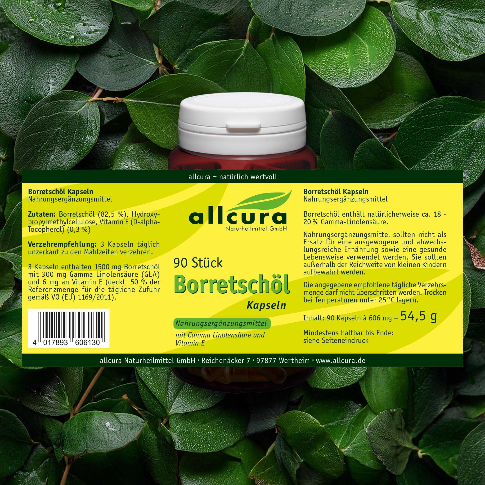 Braune Dose mit weißem Deckel. Aufschrift: allcura Borretschöl Kapseln, 90 Stück. Grünes Etikett mit Inhaltsangaben.