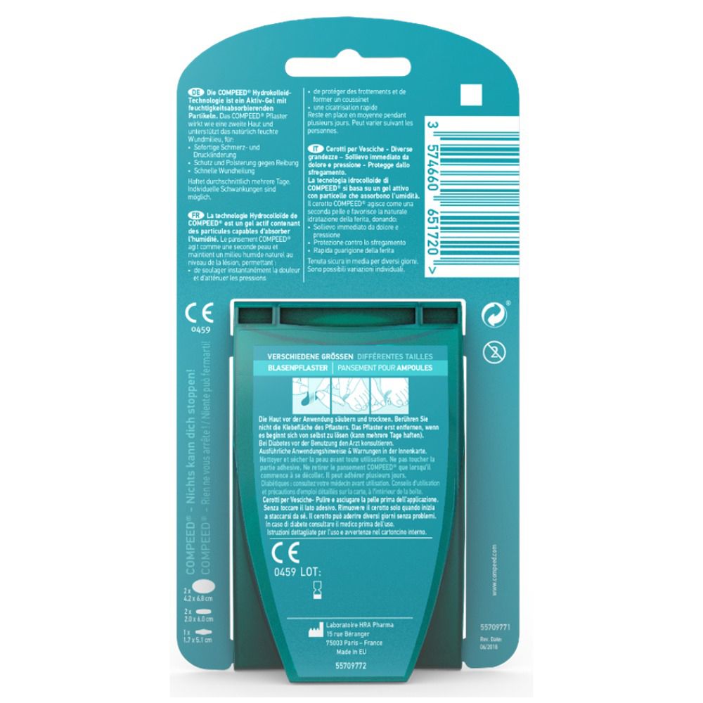 Dos de l'emballage Compeed® Pansement ampoules Mixpack. Texte multilingue. Marquage CE.