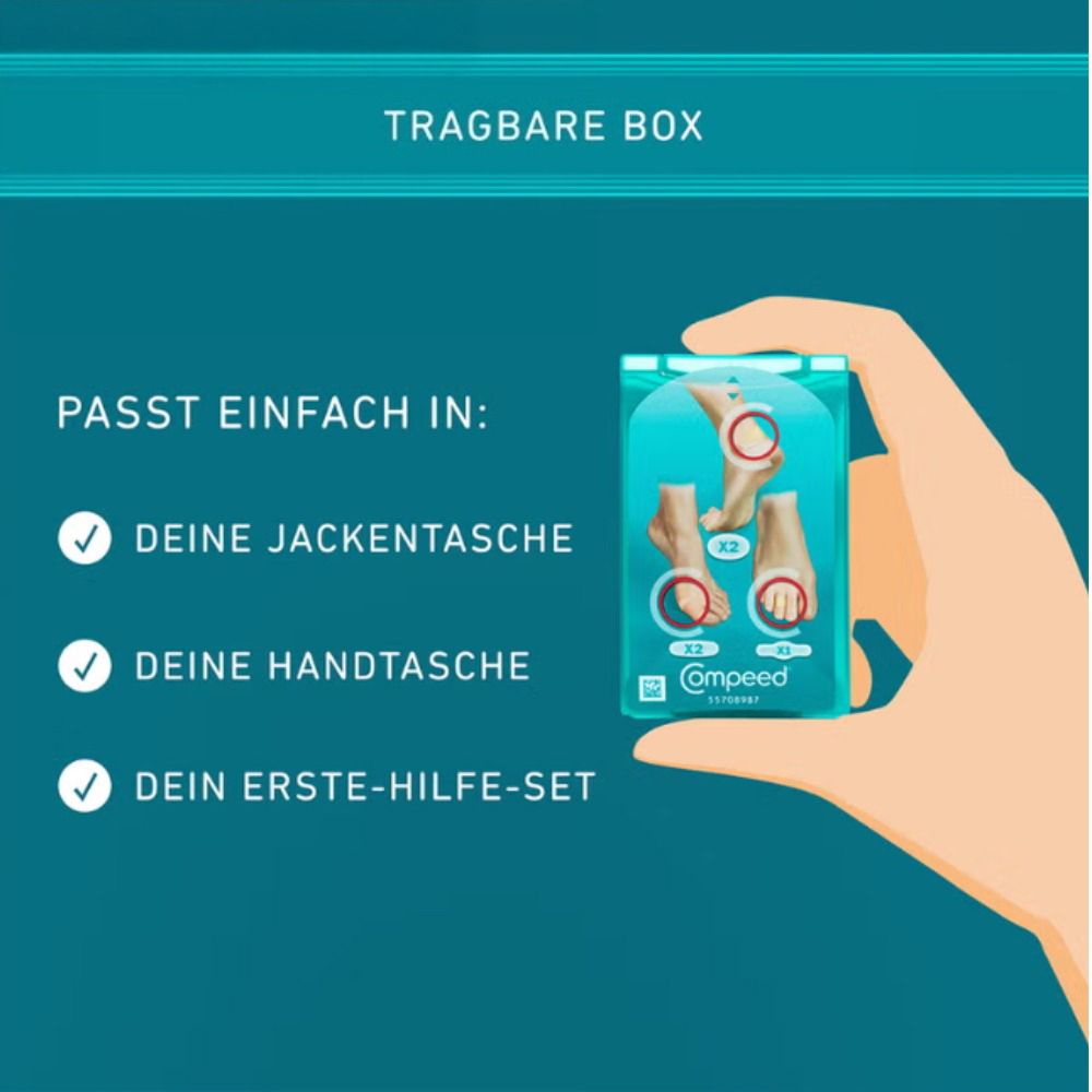 Main tenant Compeed® Pansement ampoules Mixpack. Texte: Tient dans poche, sac à main, trousse de secours.