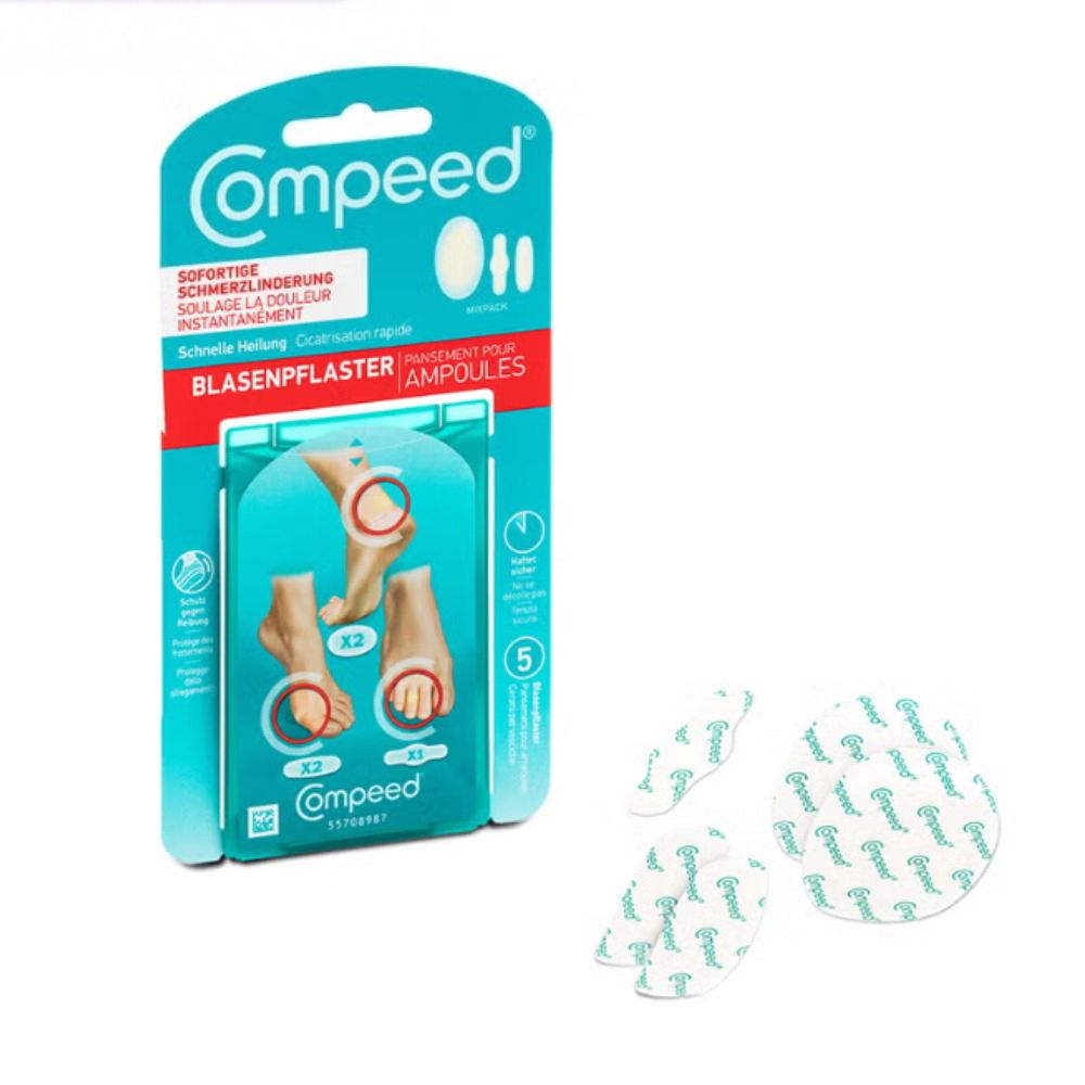 Compeed® Pansement ampoules Mixpack et pansements individuels. Emballage avec pansements. Inscriptions: Soulagement instantané.