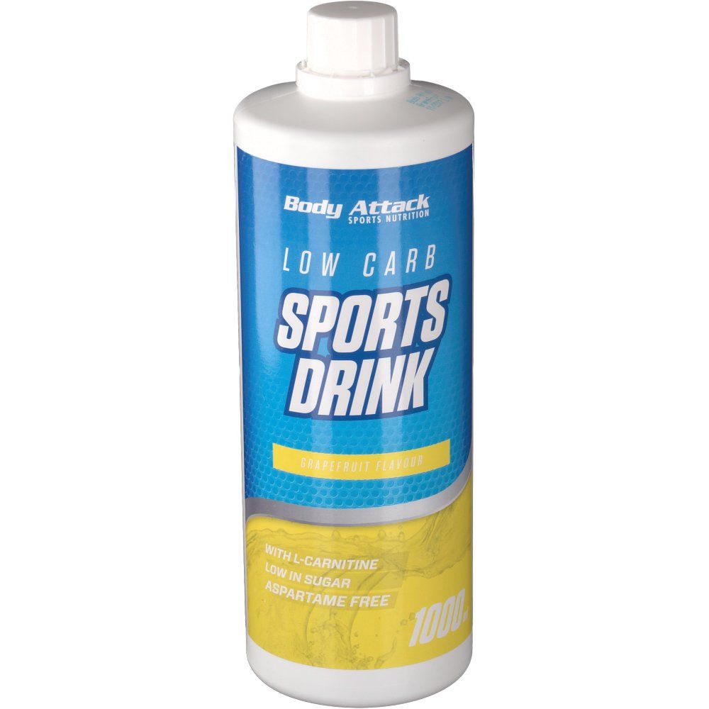 Bouteille de Body Attack Low Carb Sports Drink Grapefruit. Étiquette bleue et jaune avec texte et informations. Bouchon blanc.