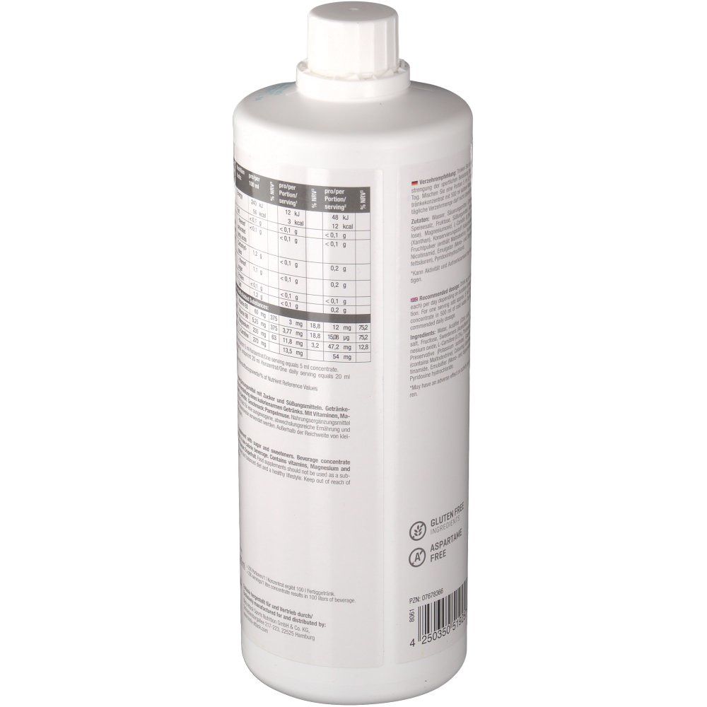Dos de la bouteille Body Attack Low Carb Sports Drink. Contient des informations nutritionnelles et produit. Bouchon blanc.