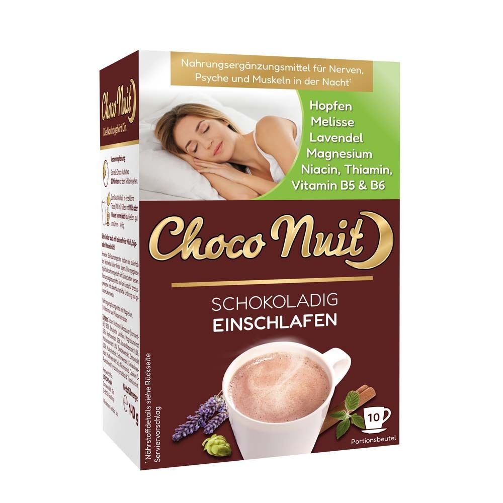 Boîte de Choco Nuit Drink. Boisson chocolatée pour dormir. Contient houblon, mélisse, lavande, magnésium, vitamines.