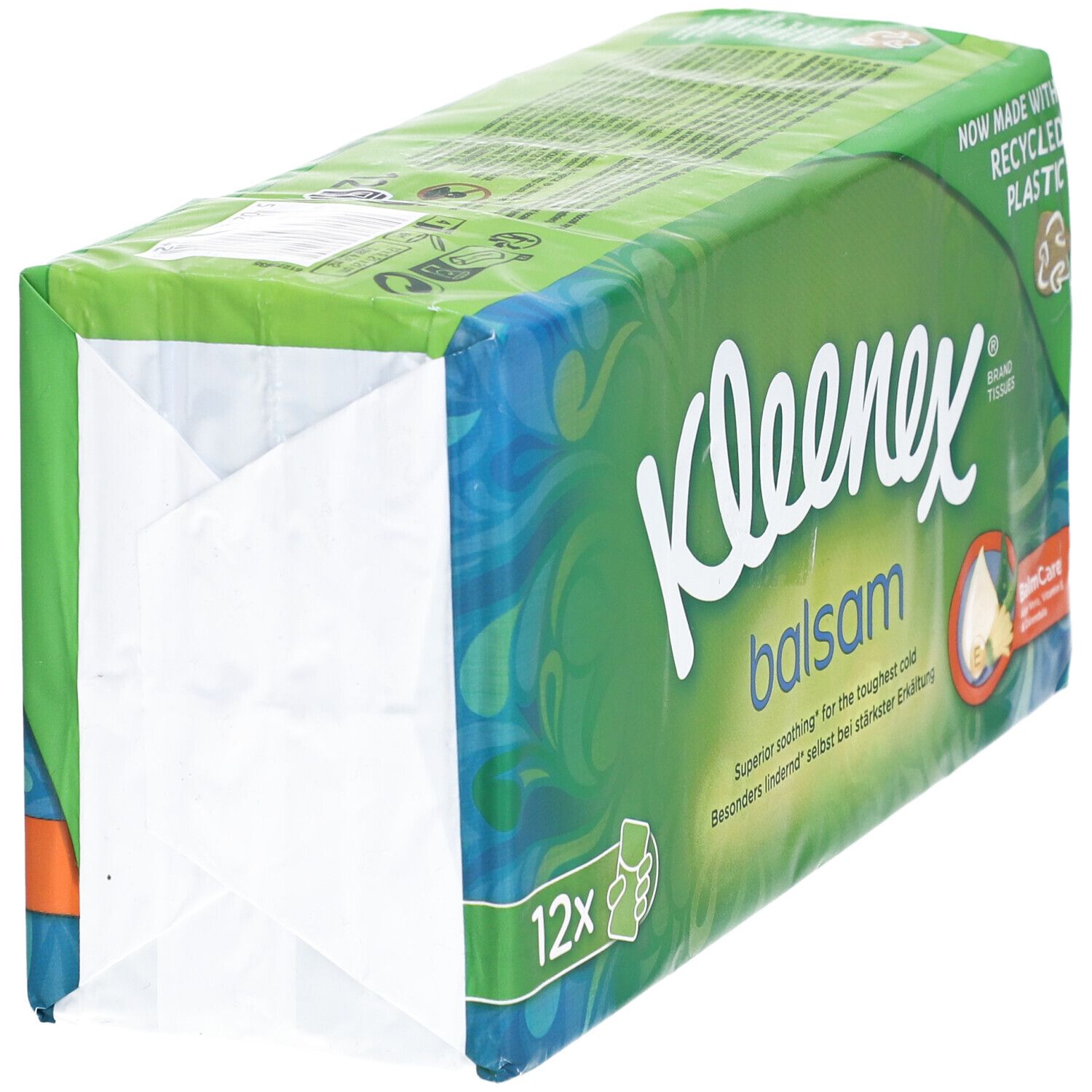 Paquet de mouchoirs Kleenex Balsam. Emballage vert avec logo blanc. 12 unités. Fabriqué avec du plastique recyclé.