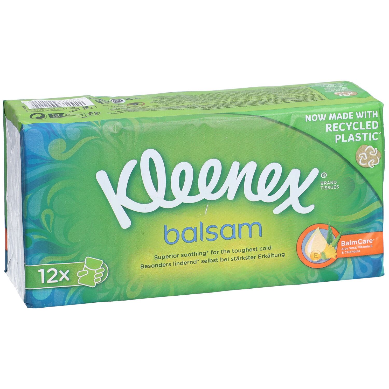 Paquet de mouchoirs Kleenex Balsam. Emballage vert avec logo blanc. 12 unités. Fabriqué avec du plastique recyclé.