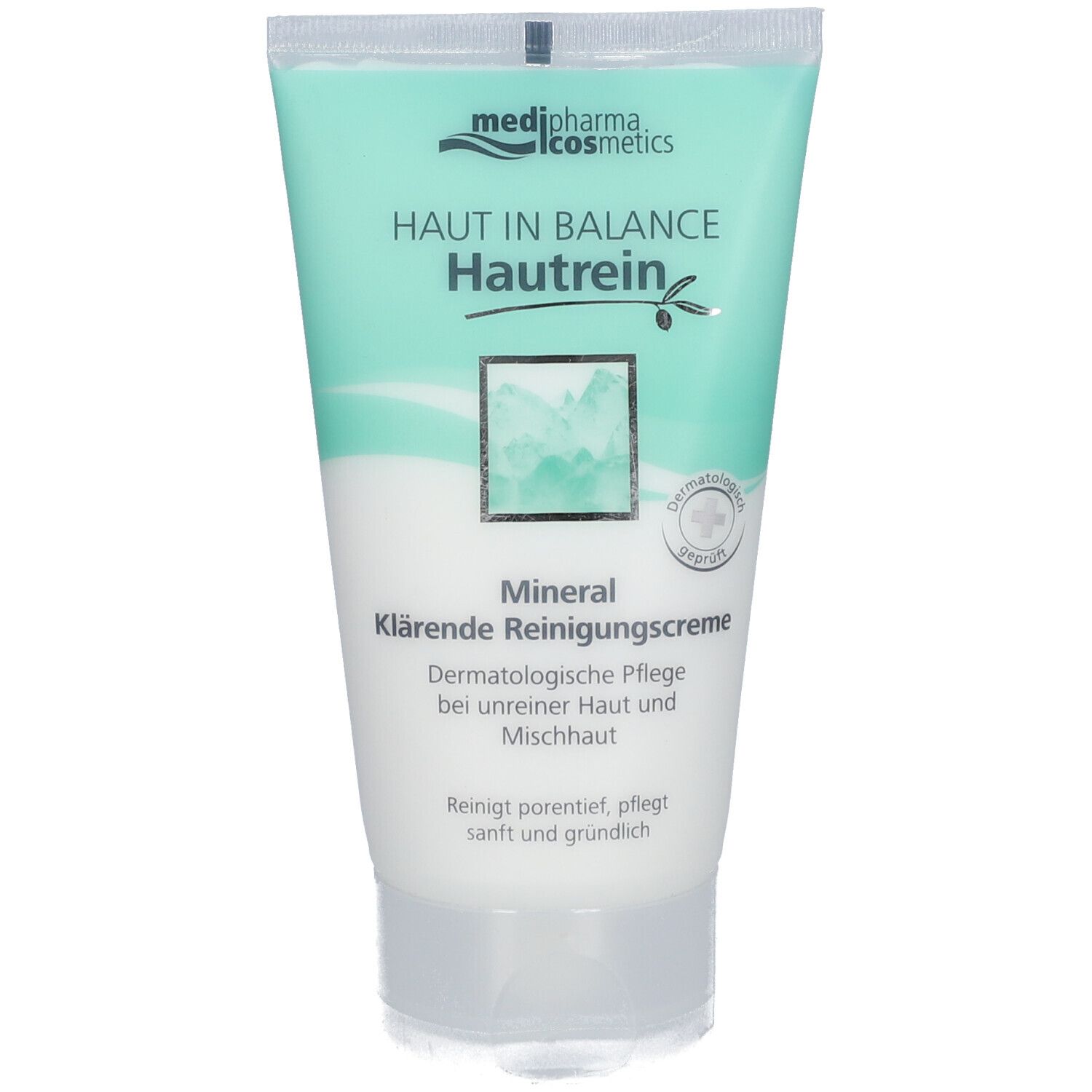 Creme-Tube, Vorderansicht. Produktname und Logo sichtbar. Türkis-weiße Farbgebung. "Haut in Balance Hautrein" und "Mineral Klärende Reinigungscreme".
