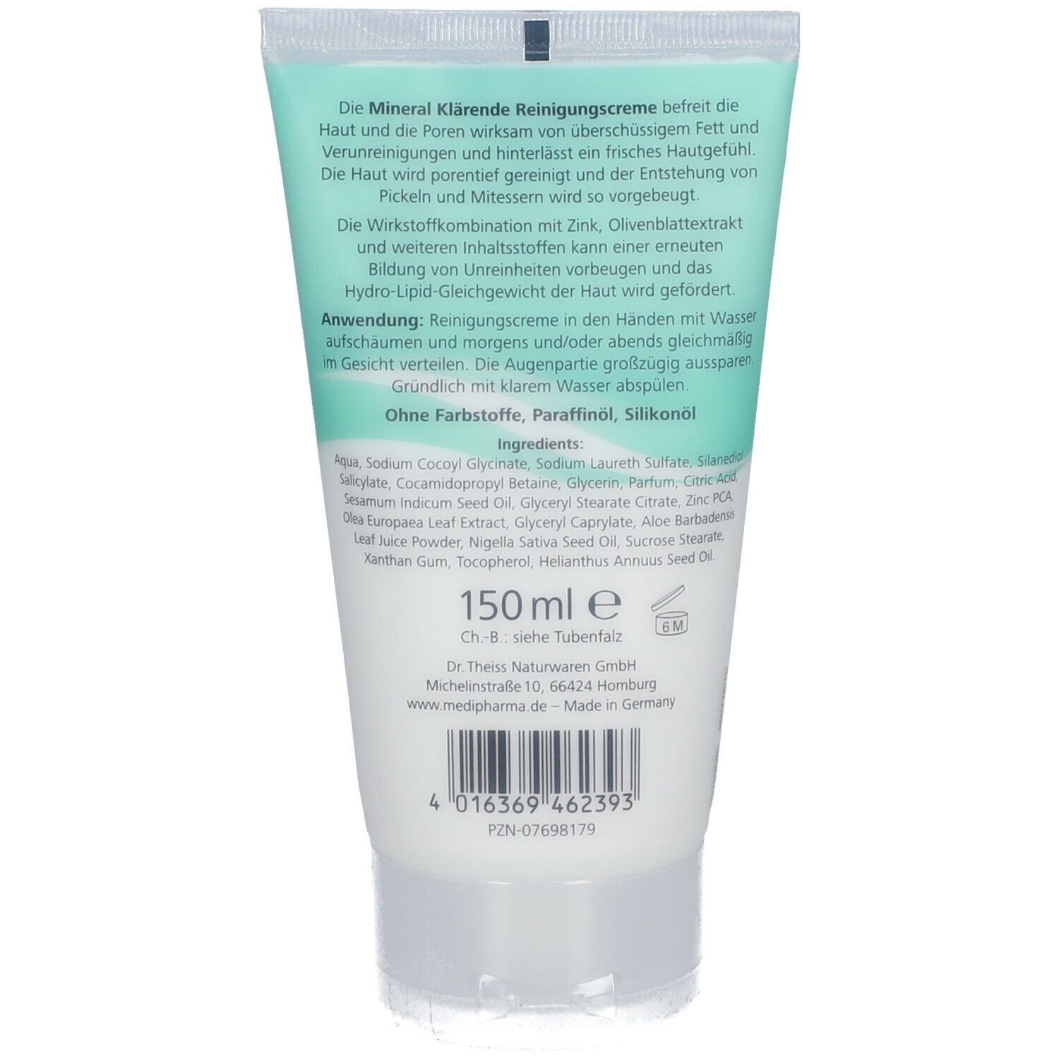 Rückseite der Creme-Tube. Text in deutscher Sprache. Inhaltsstoffe und Herstellerinformationen sind sichtbar. 150ml und ein Barcode sind ebenfalls vorhanden.