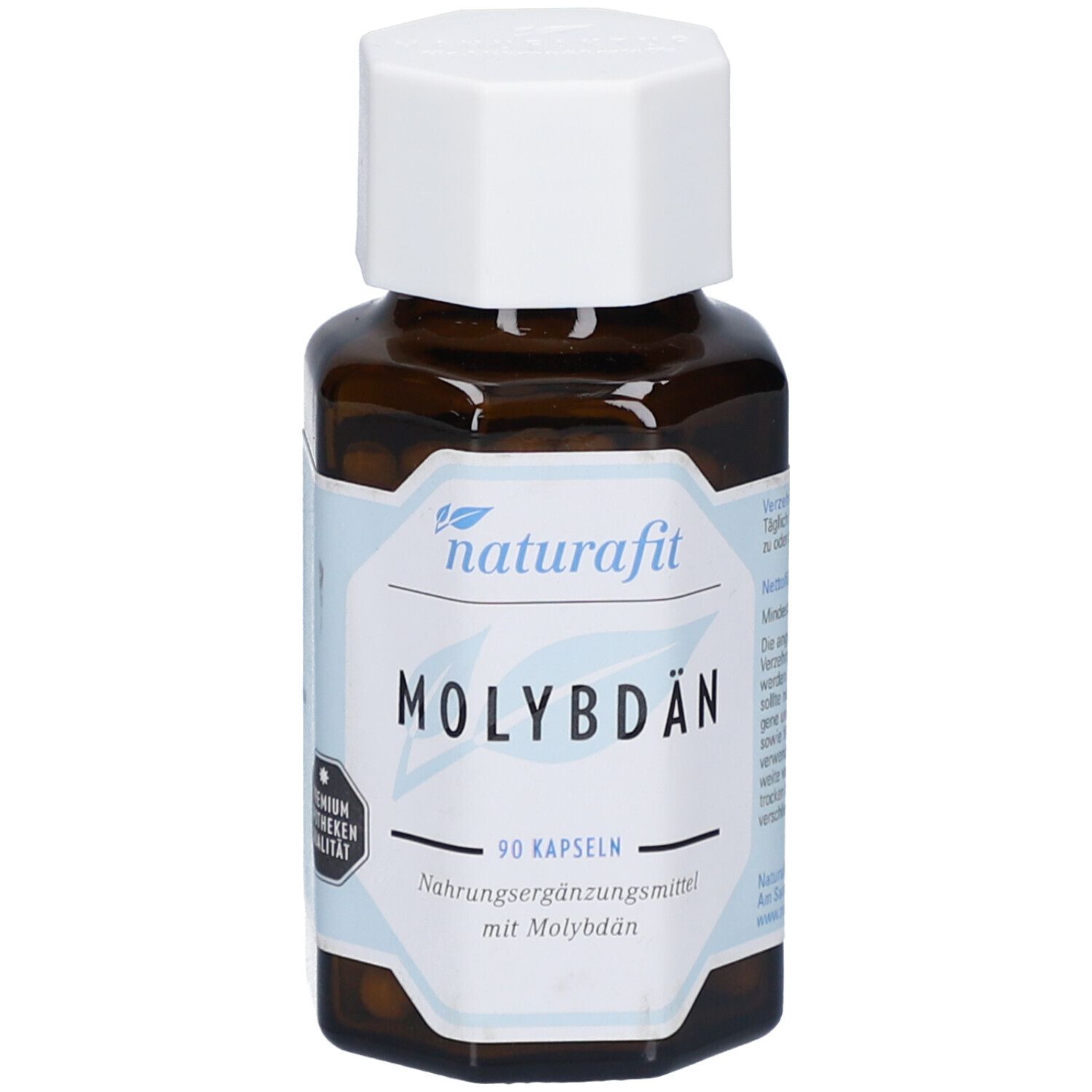Flacon en verre brun avec bouchon blanc. Étiquette : naturafit MOLYBDÄN, 90 gélules. Qualité pharmacie premium.