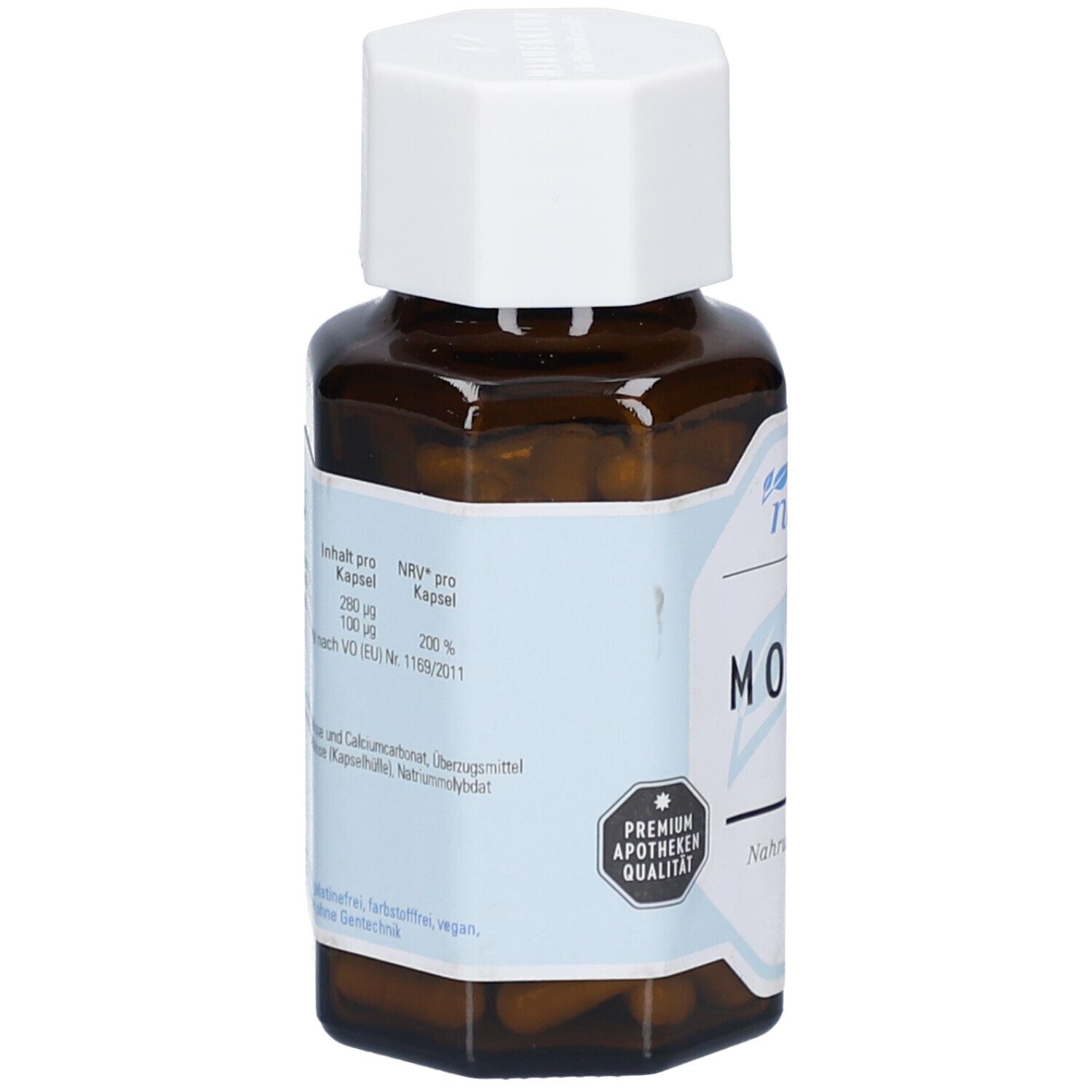 Vue arrière d'un flacon en verre brun avec bouchon blanc. Étiquette avec informations sur les ingrédients et la valeur nutritionnelle. Qualité pharmacie premium.