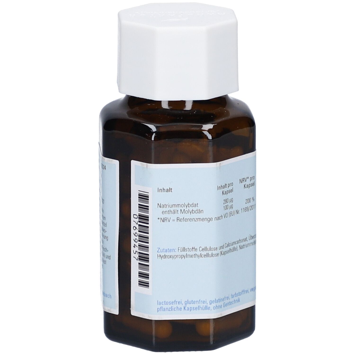 Vue arrière d'un flacon en verre brun avec bouchon blanc. Étiquette avec ingrédients, valeurs nutritionnelles et code-barres. Qualité pharmacie premium.