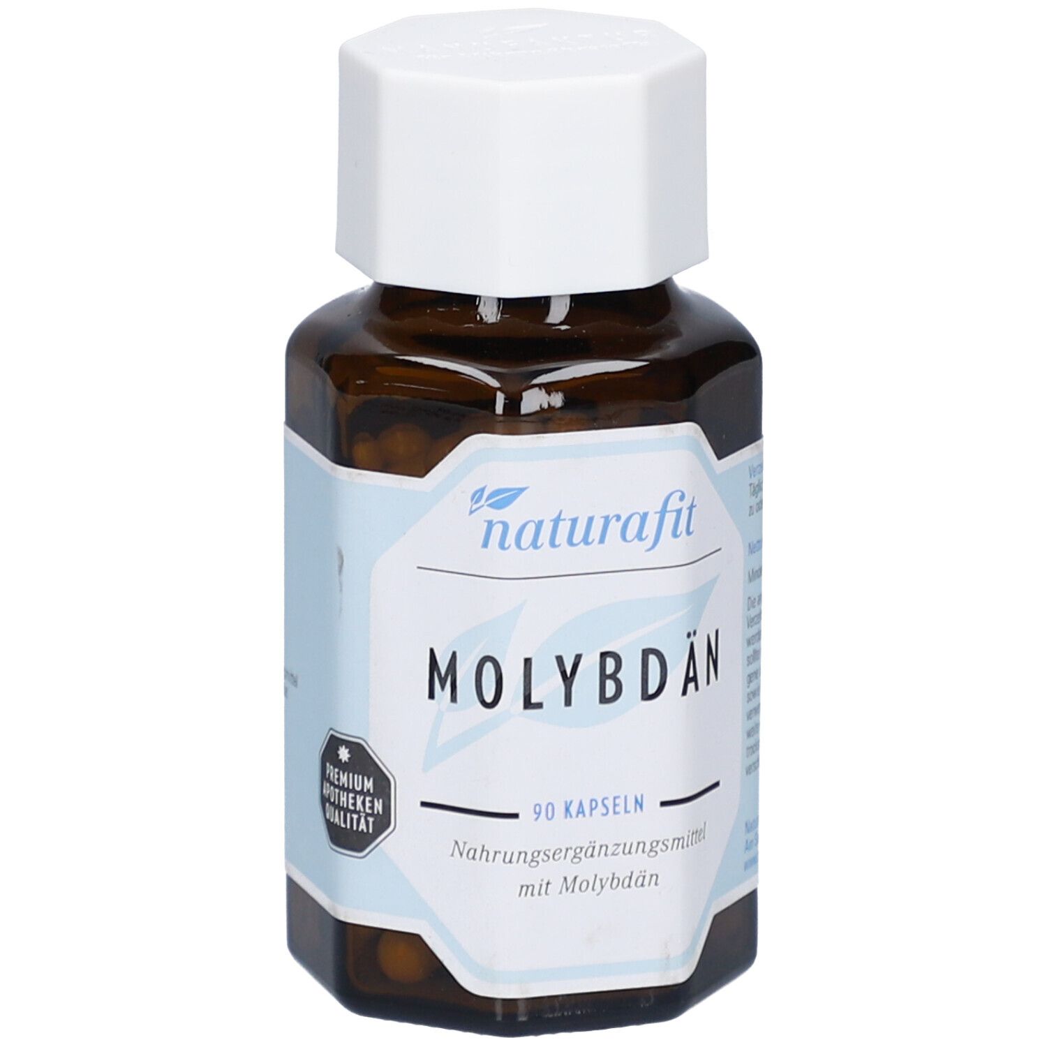 Flacon en verre brun avec bouchon blanc. Étiquette : naturafit MOLYBDÄN, 90 gélules. Qualité pharmacie premium.
