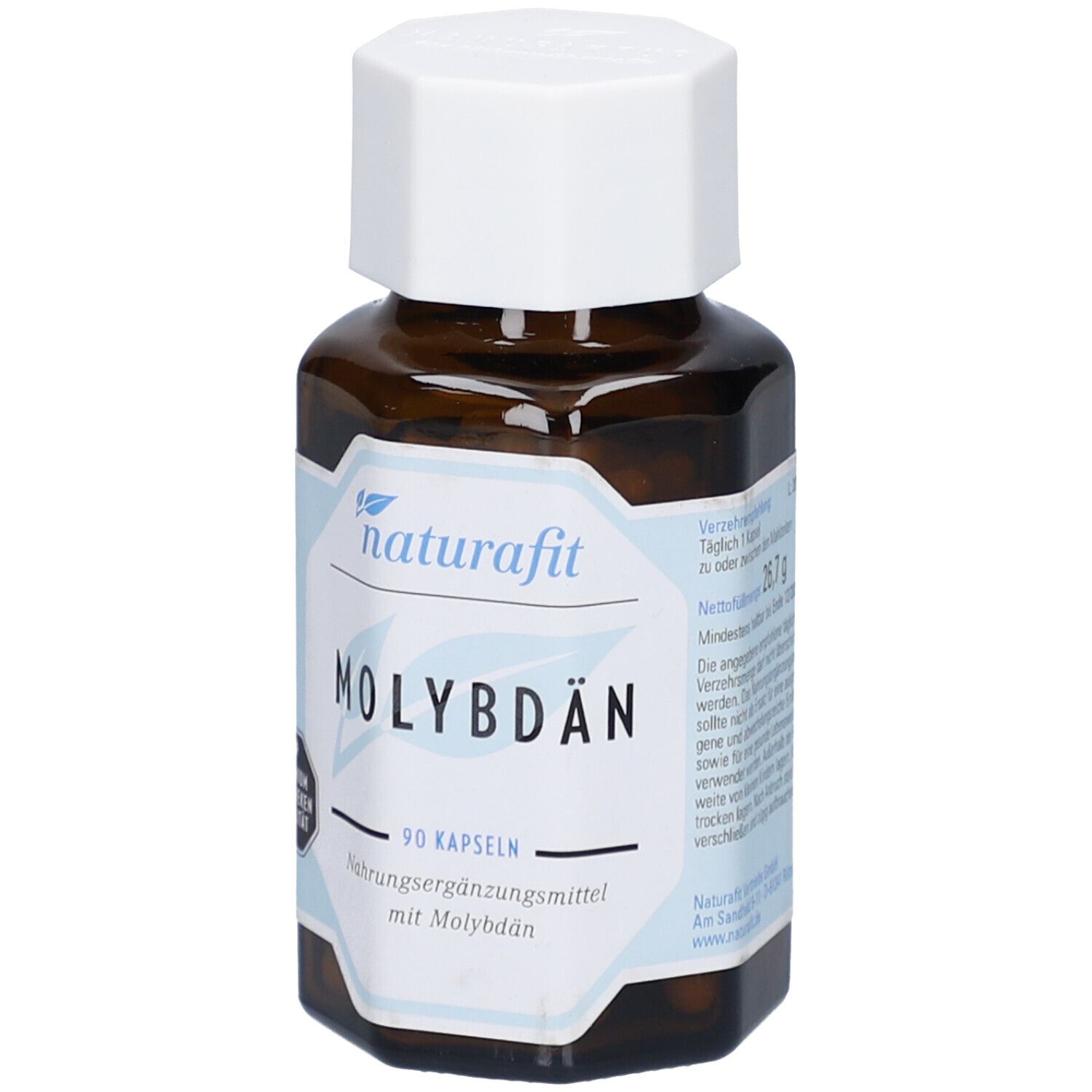 Flacon en verre brun avec bouchon blanc. Étiquette : naturafit MOLYBDÄN, 90 gélules. Qualité pharmacie premium.