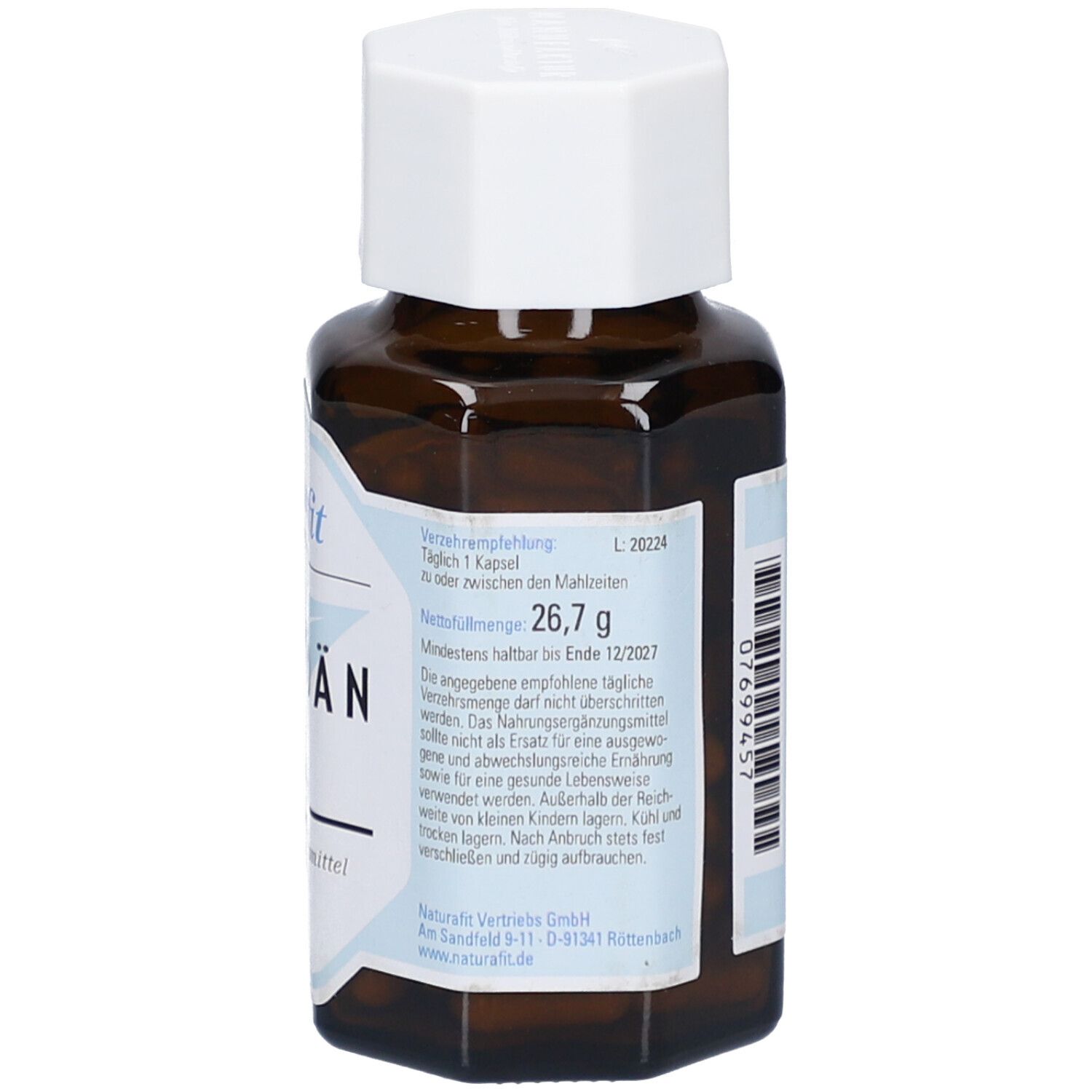 Vue arrière d'un flacon en verre brun avec bouchon blanc. Étiquette avec recommandation de consommation et informations nutritionnelles. Qualité pharmacie premium.