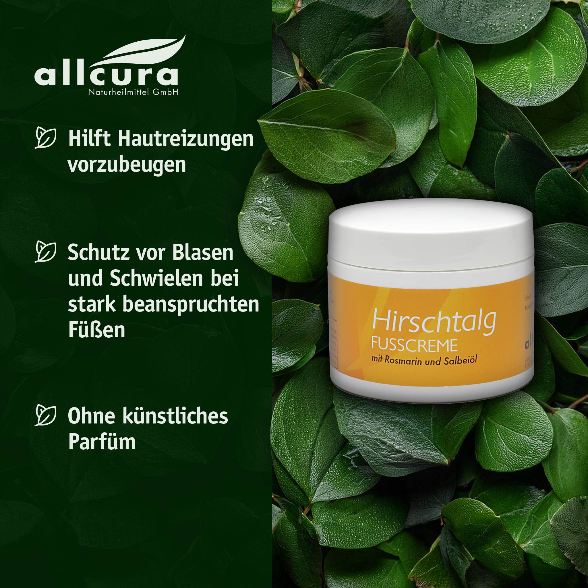 Produkt auf Blättern. Weißer Tiegel mit gelbem Etikett. Text: Hirschtalg Fusscreme. Text: Hilft Hautreizungen vorzubeugen.