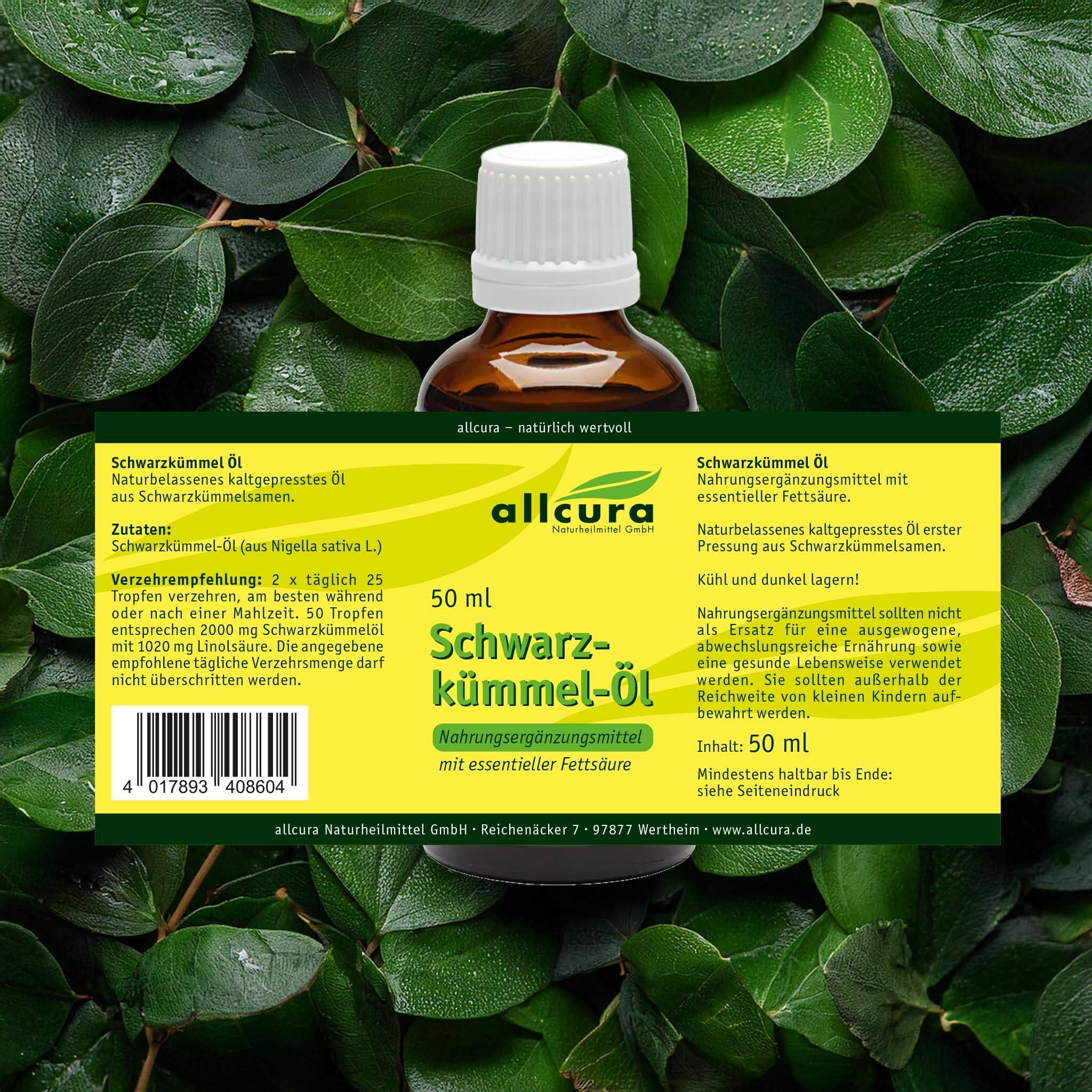 Flacon brun avec bouchon blanc, entouré de feuilles. Étiquette avec informations produit et marque allcura.