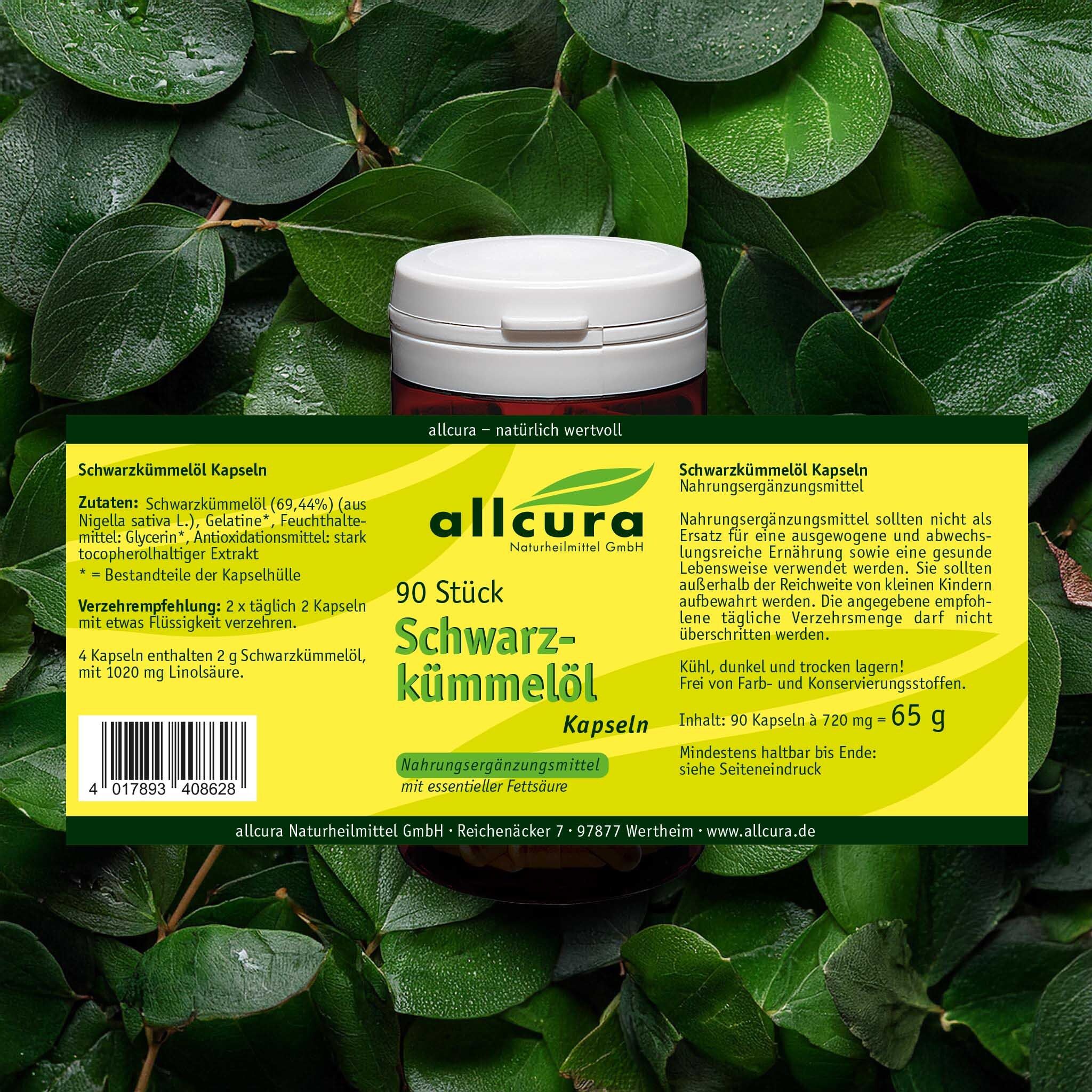 Boîte à couvercle blanc, entourée de feuilles. Inscription : 90 pièces Schwarzkümmelöl Kapseln.