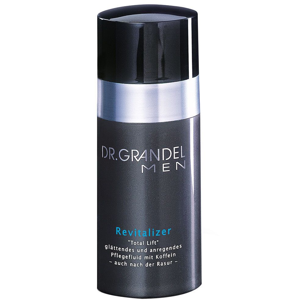 Zylindrische Flasche mit schwarzem Deckel und silbernem Ring. Aufschrift: DR. GRANDEL MEN Revitalizer.