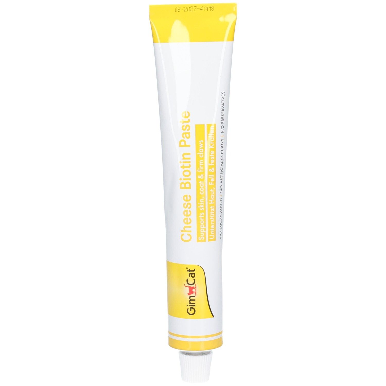 Tube mit Käse-Biotin-Paste, gelb-weiße Verpackung mit Markenschriftzug.