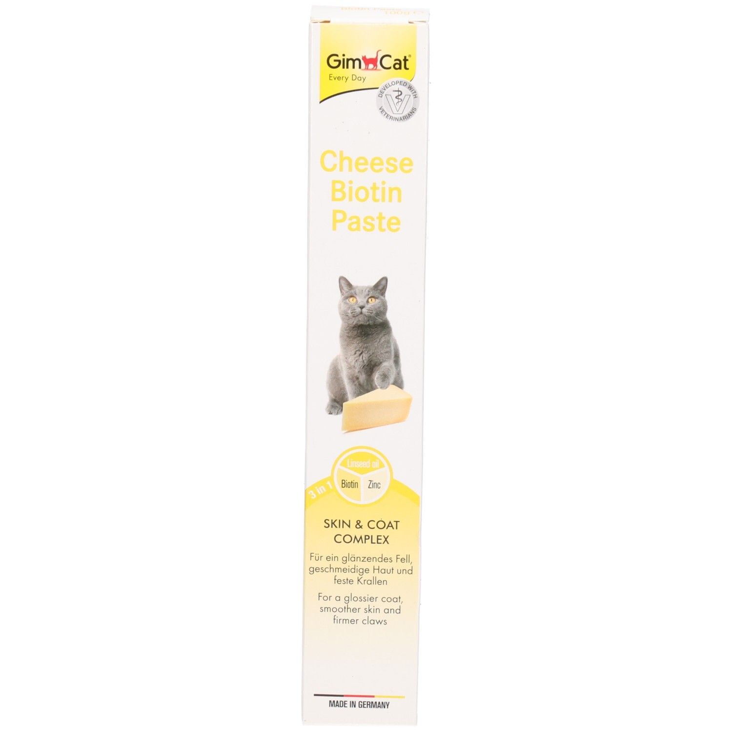 Schmale Verpackung mit Käse-Biotin-Paste, Katze und Käseabbildung, Text zu Haut und Fell.