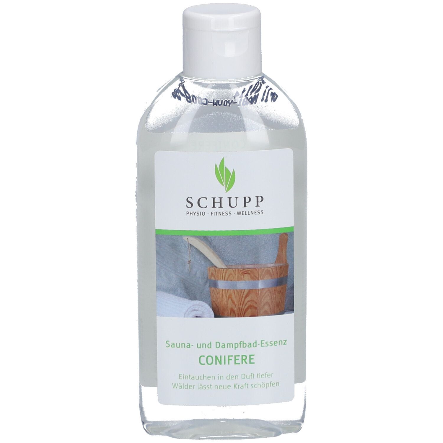 Liquide clair dans une bouteille à bouchon blanc. Étiquette : SCHUPP, Sauna- und Dampfbad-Essenz Conifere.