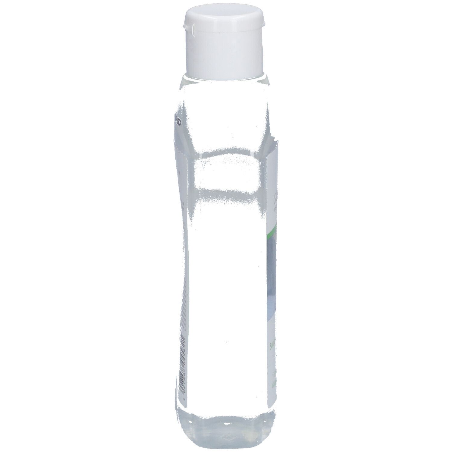 Bouteille étroite et transparente avec bouchon blanc. Vue latérale.