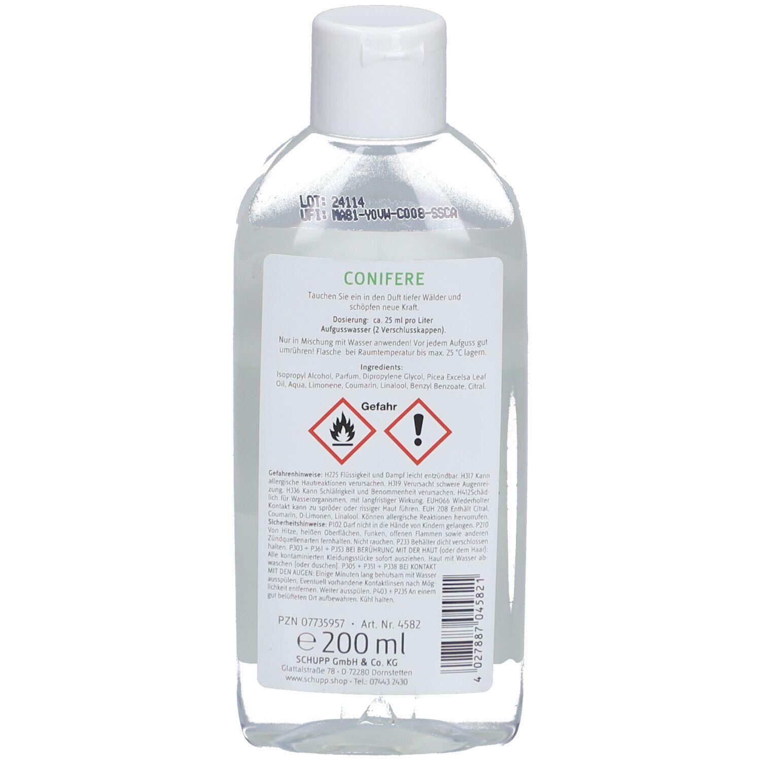 Dos de la bouteille. Étiquette avec ingrédients, avertissements et code-barres. Nom du produit : Conifere.