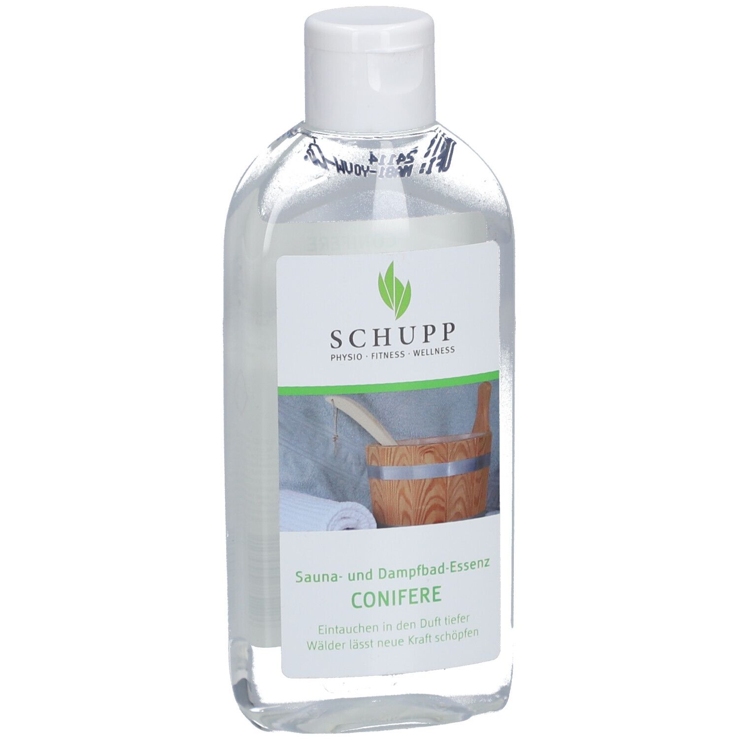 Liquide clair dans une bouteille à bouchon blanc. Étiquette : SCHUPP, Sauna- und Dampfbad-Essenz Conifere.