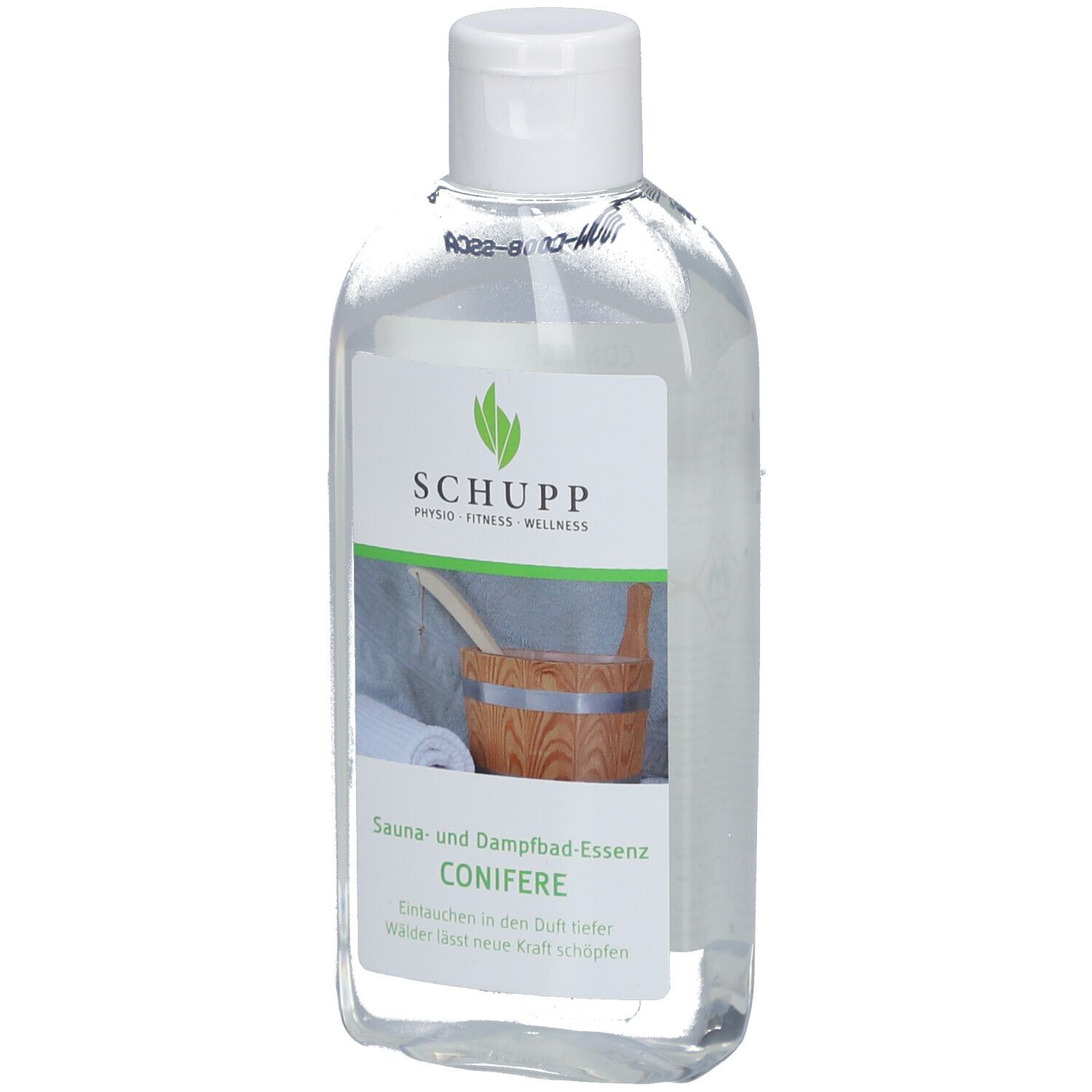Liquide clair dans une bouteille à bouchon blanc. Étiquette : SCHUPP, Sauna- und Dampfbad-Essenz Conifere.
