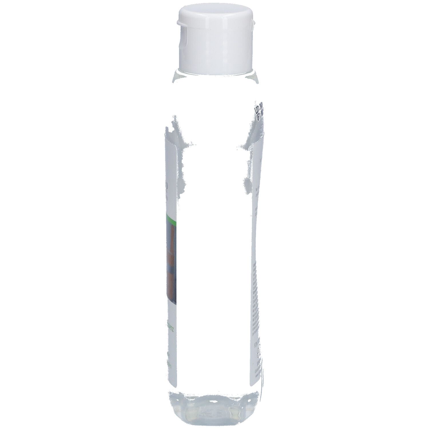 Bouteille étroite et transparente avec bouchon blanc. Vue latérale.