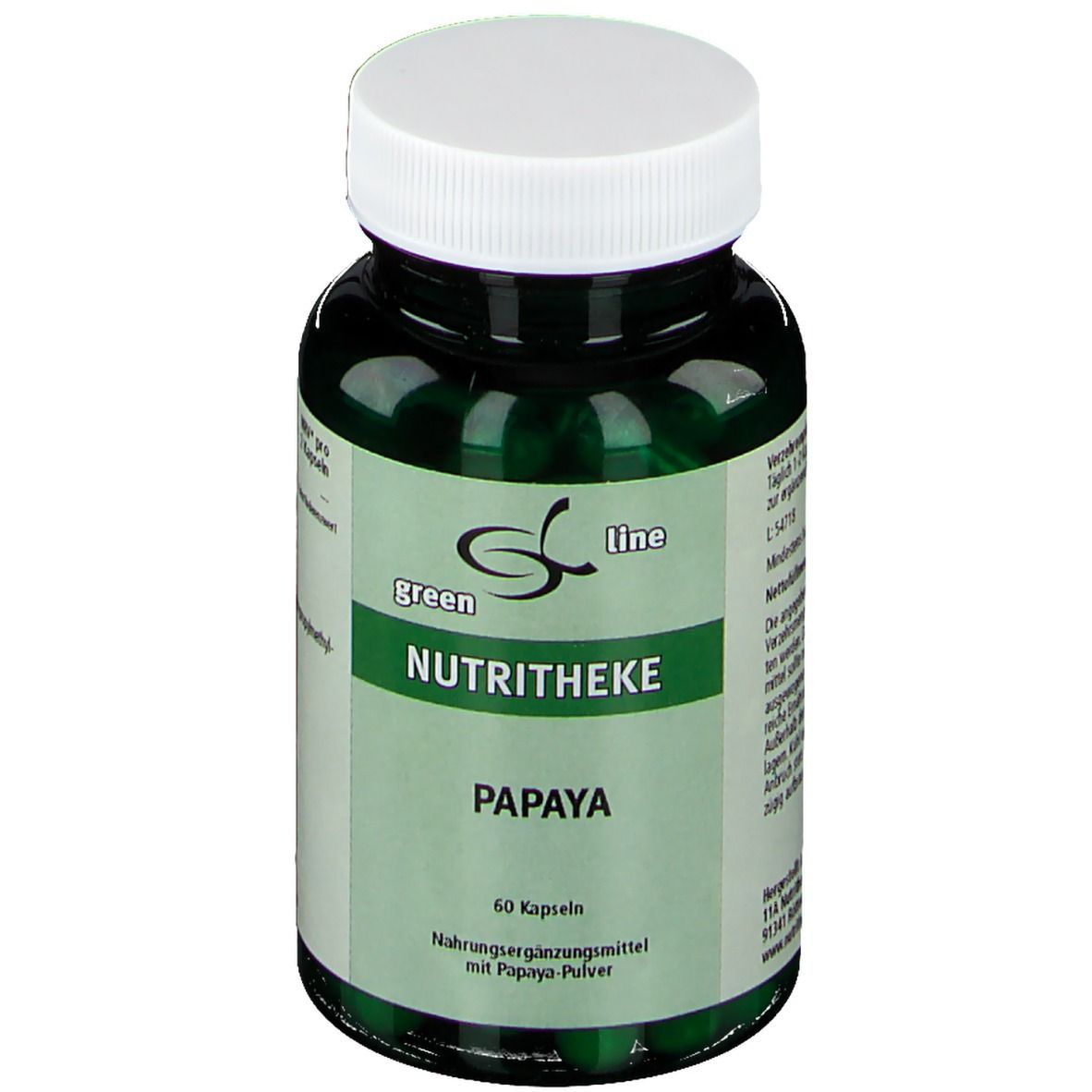 Grüne Kapseln in einer braunen Flasche mit weißem Deckel. Aufschrift: green line NUTRITHEKE Papaya. 60 Kapseln.